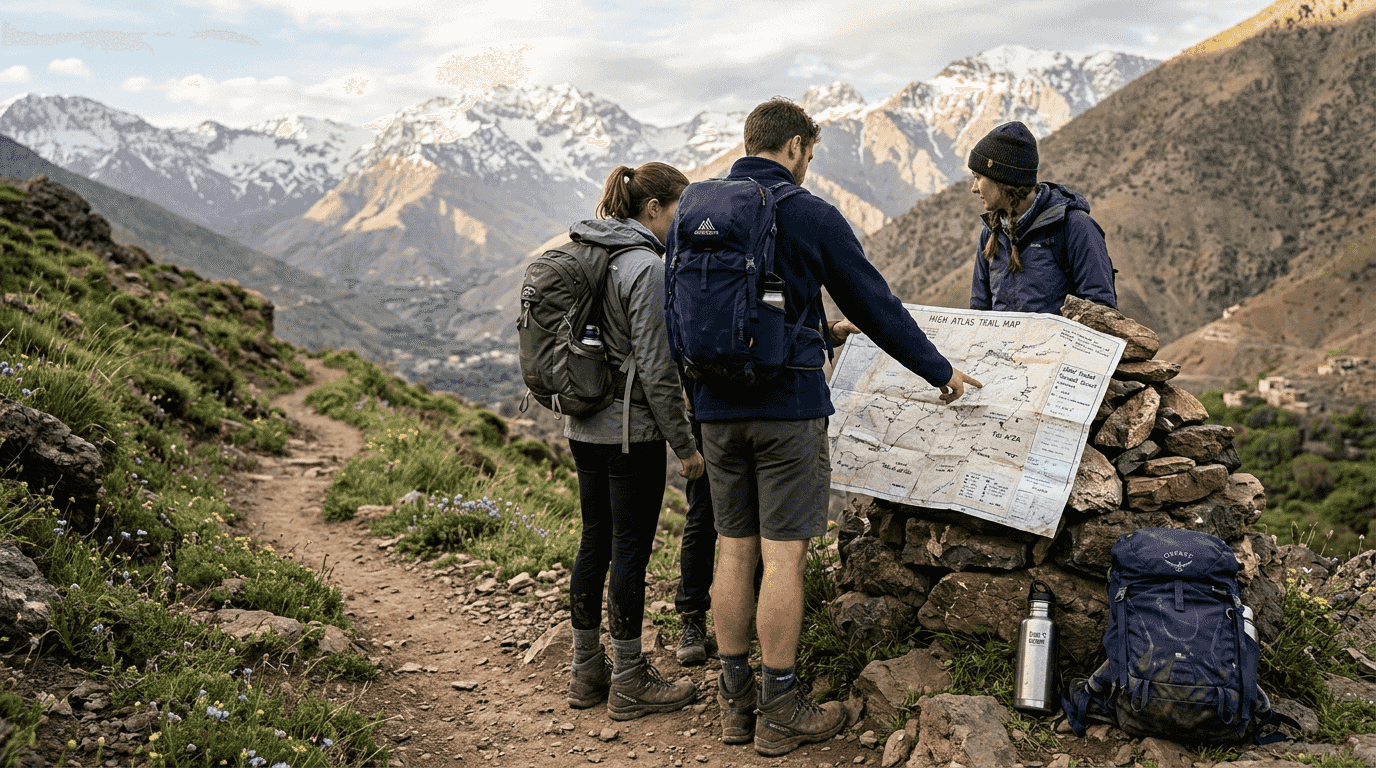 Hikers stop on spring trail in Atlas Mountains