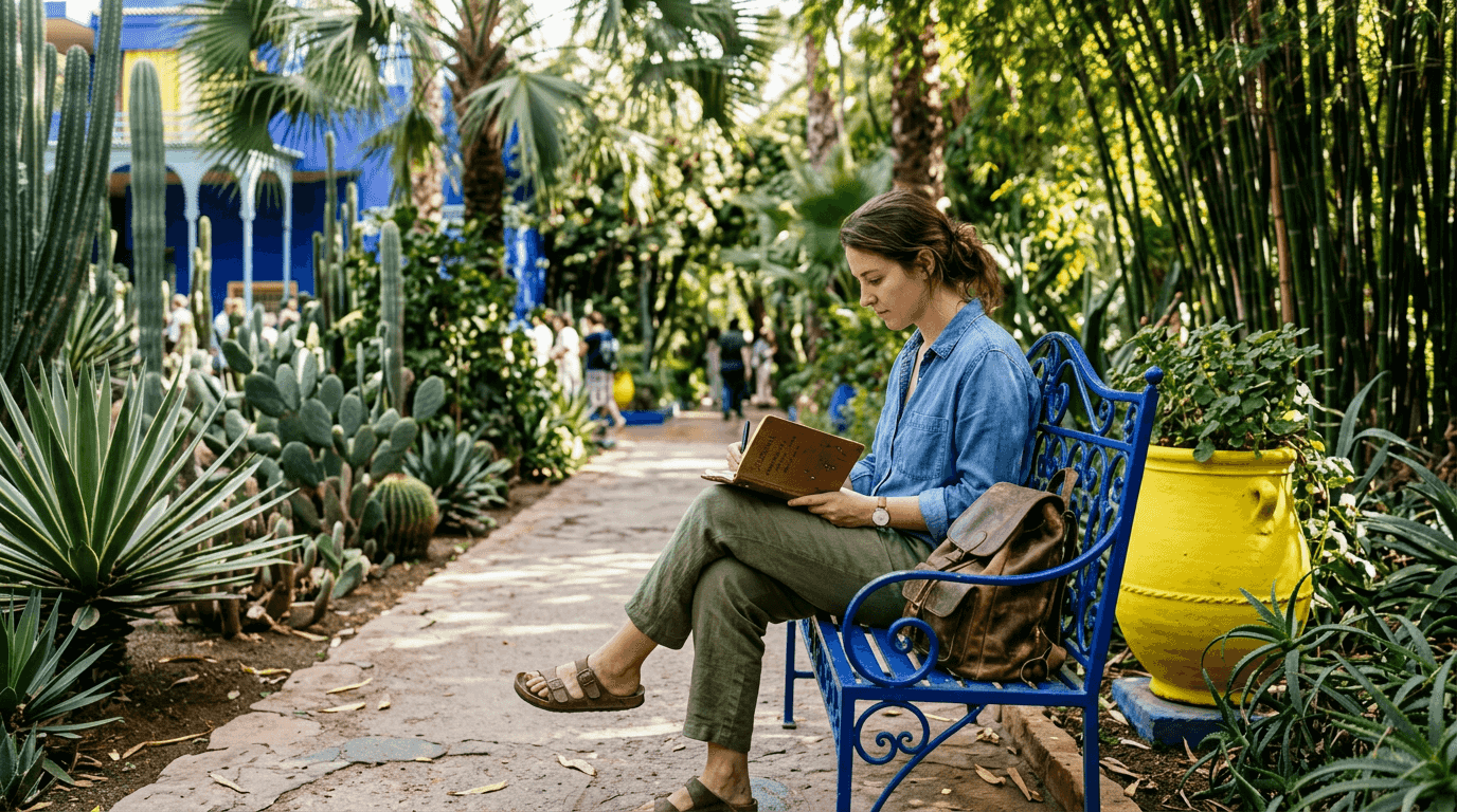 Visitor journaling in Majorelle Garden oasis