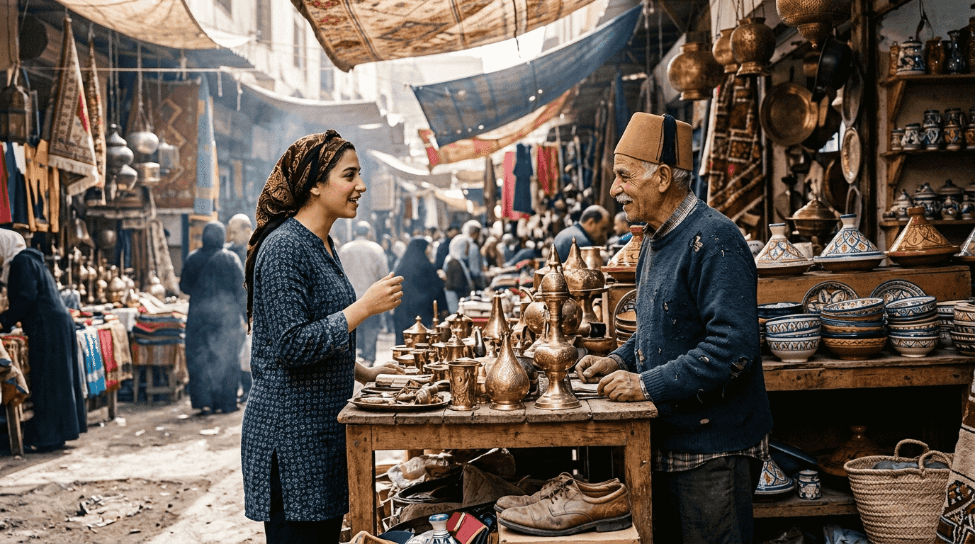 Negotiating prices at Moroccan souk stall