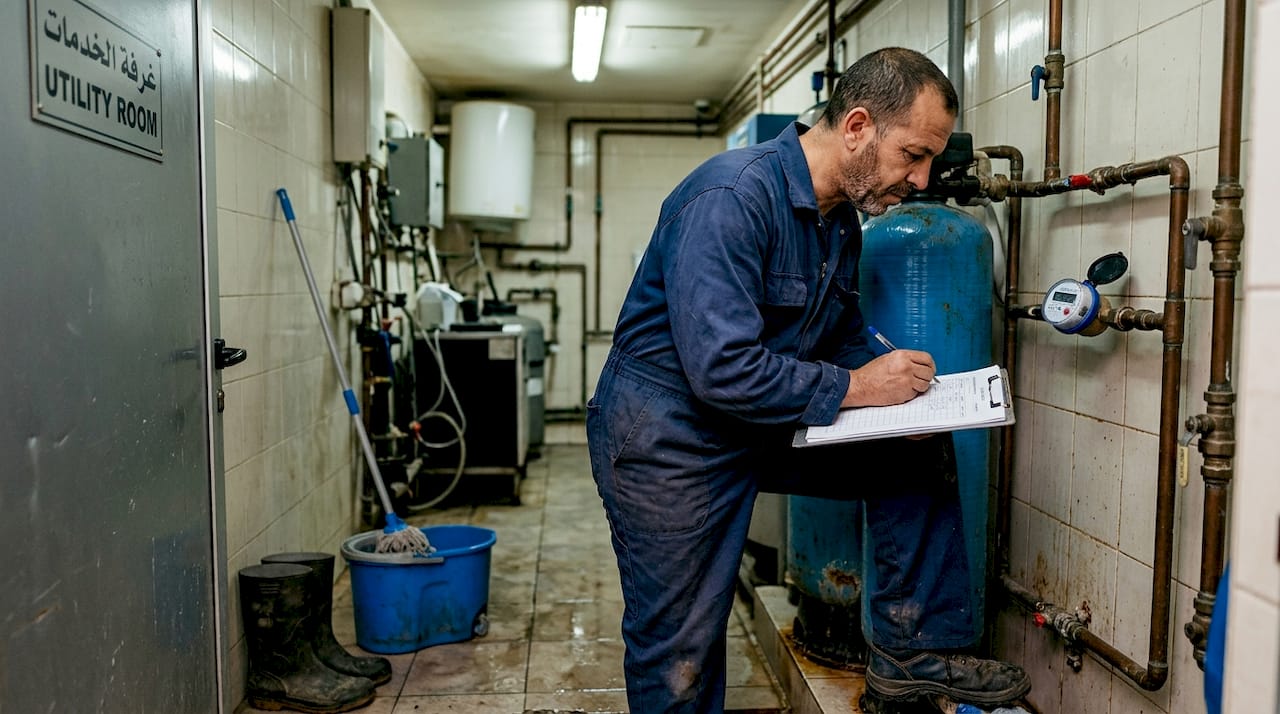 Worker inspects hotel water meter in Morocco