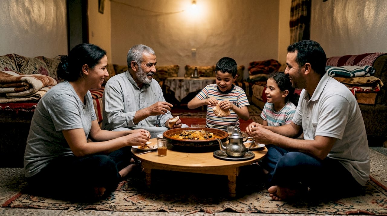 Family eating shared meal around low table