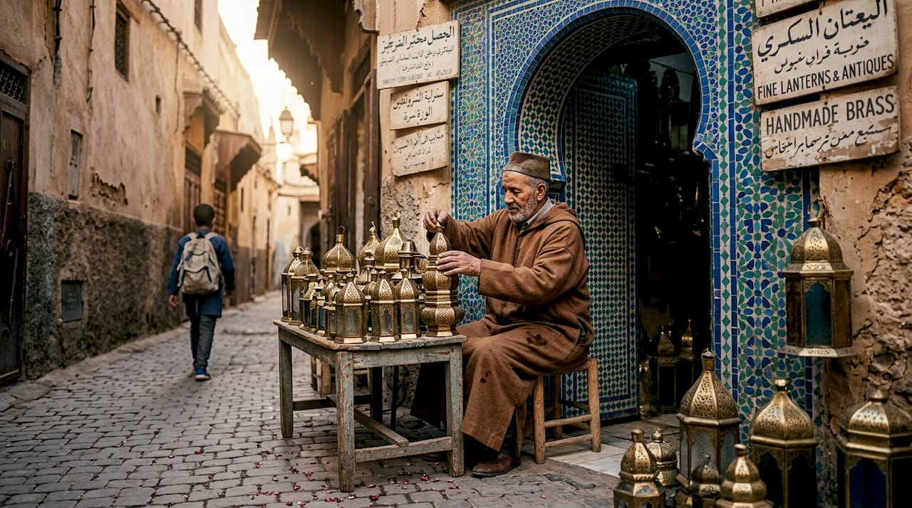 Shopkeeper with lanterns at Fez Medina entrance