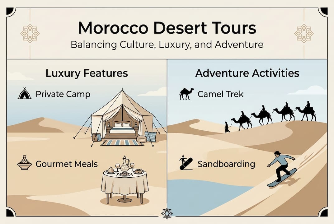 Infographic with Morocco desert tour luxury and adventure features
