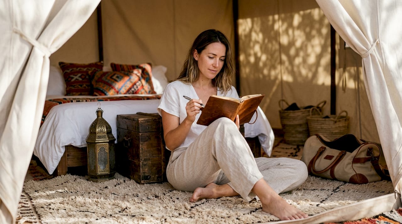 Inside luxury Moroccan tent with traveler reading