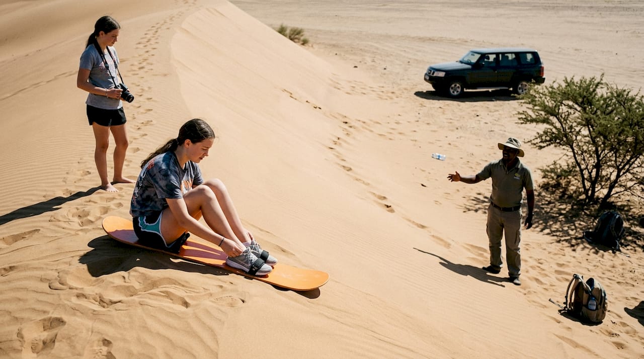 Traveler preparing sandboarding on desert dune