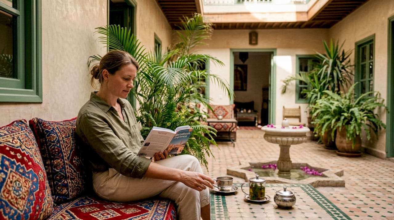 Guest relaxing in peaceful Moroccan riad
