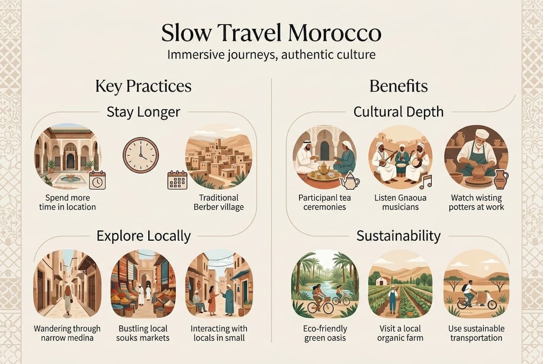 Infographic summarizing slow travel essentials Morocco