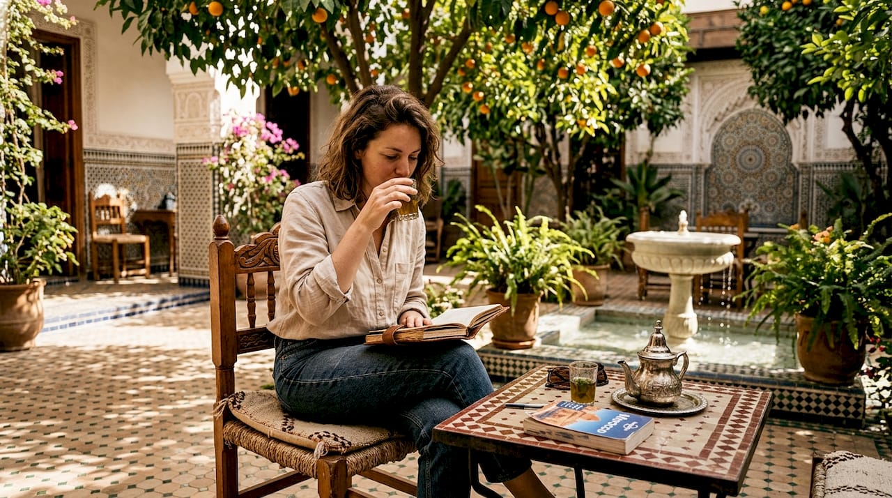 Traveler enjoys mint tea in riad courtyard