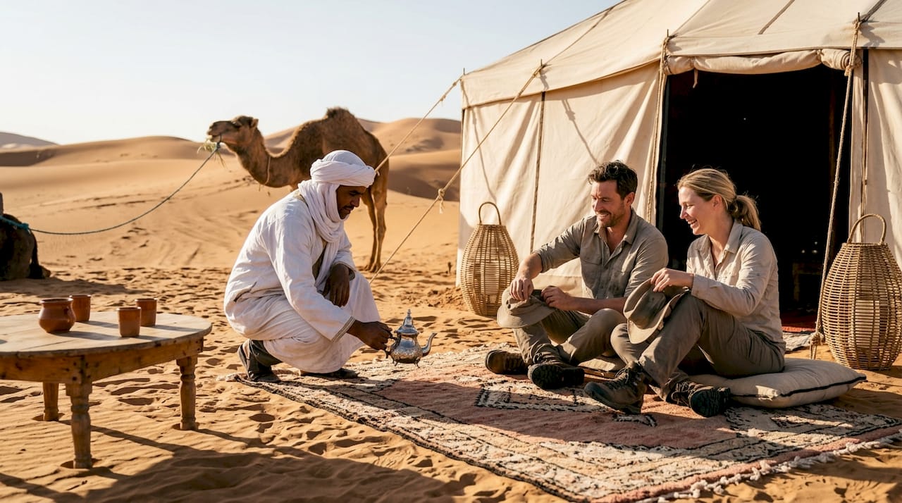 Guests relax at luxury desert camp in Sahara
