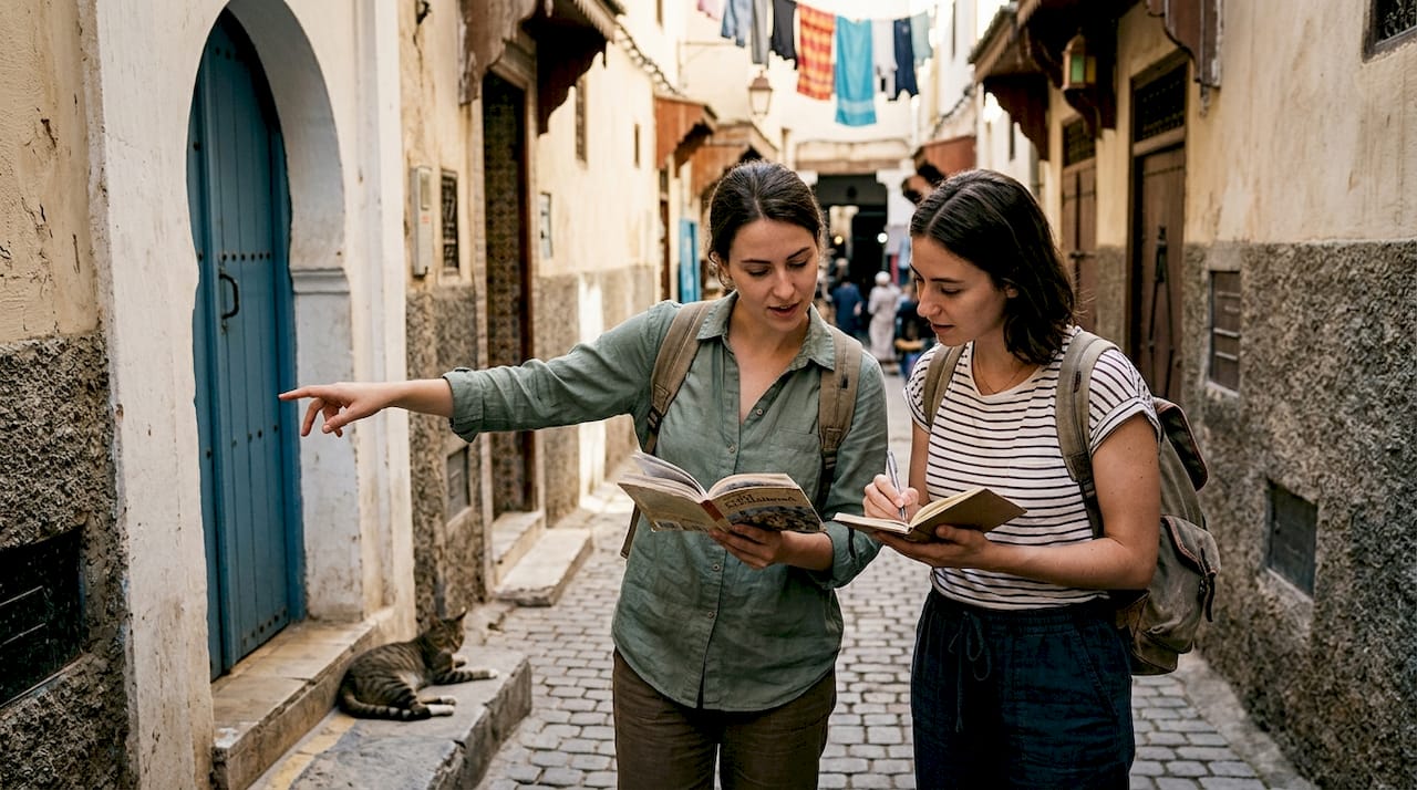 Travelers helping each other navigate in Fez