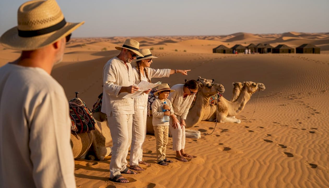 Family ending a desert camel trek in Morocco