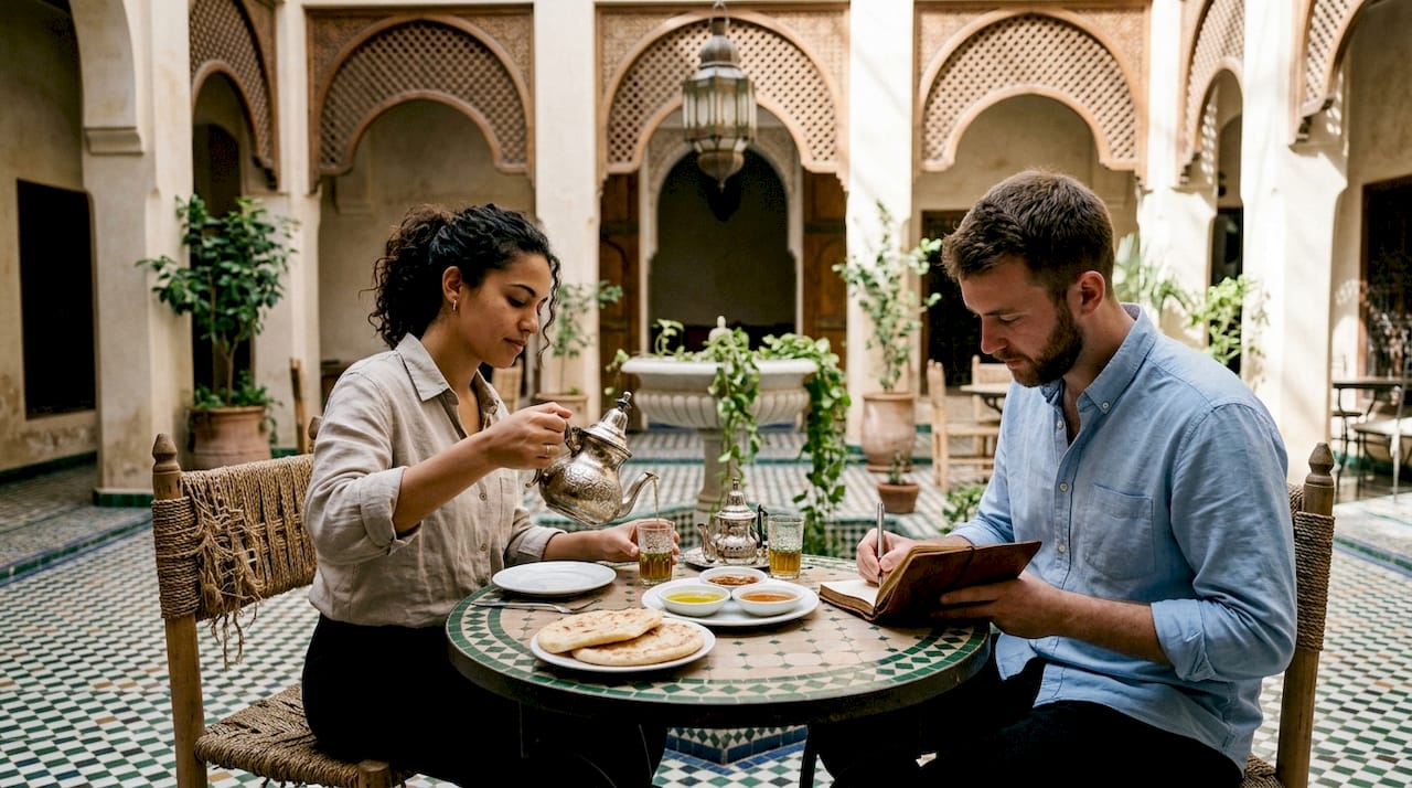 Couple enjoying breakfast in Fes riad courtyard