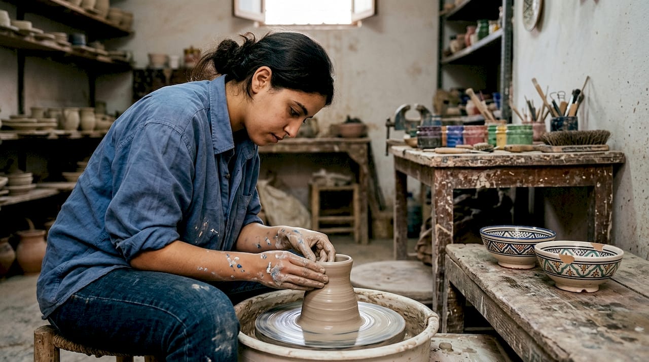 Woman shaping clay in Moroccan pottery studio