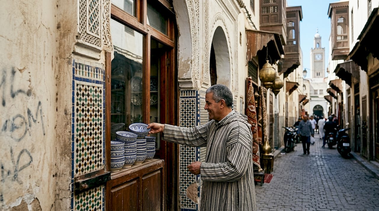 Shopkeeper in Habbous Quarter with Moroccan architecture