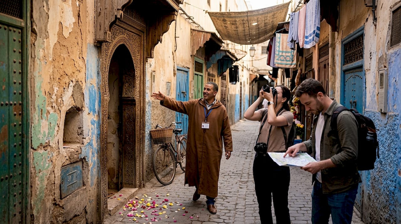Guide and travelers exploring Tangier medina alley