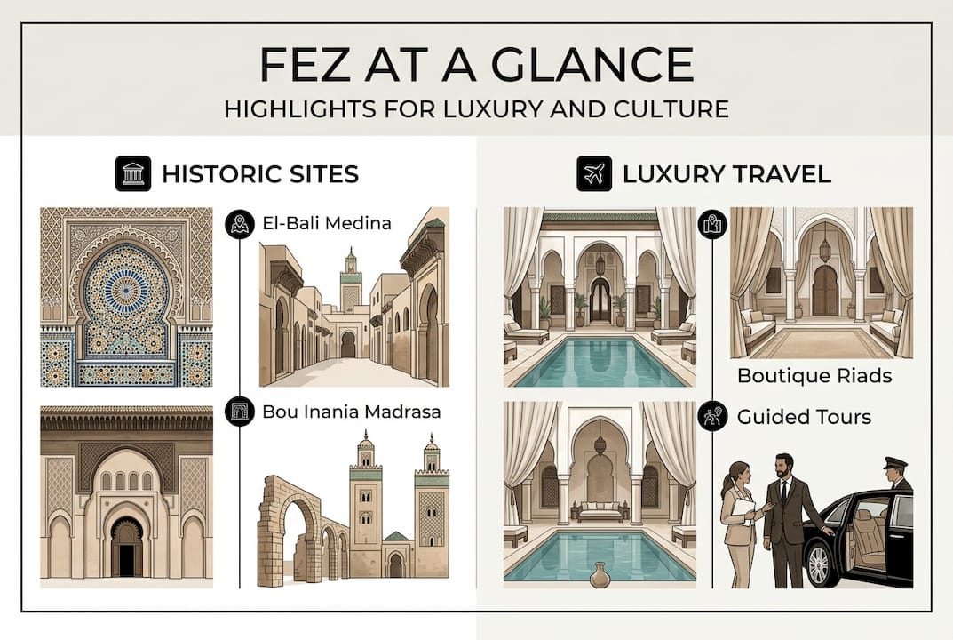 Infographic showing Fez luxury and culture highlights