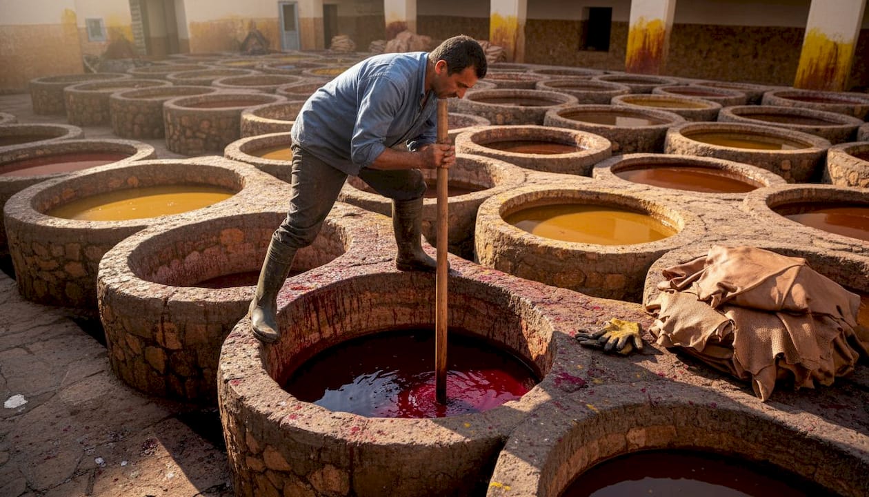 Artisan working at Fez tannery dye vats