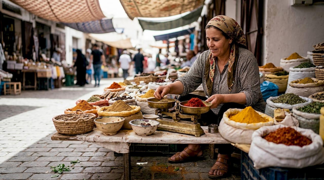 Vendor with spices at Agadir outdoor market