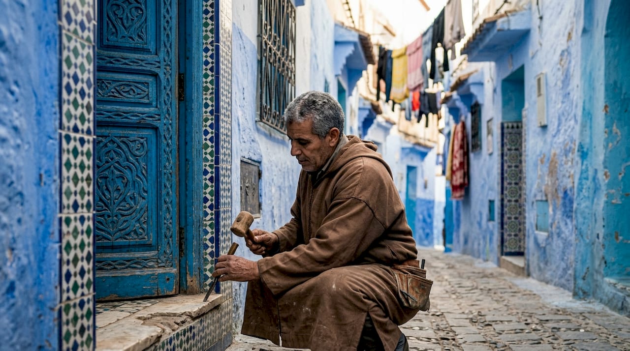 Carpenter repairing blue door in Chefchaouen medina