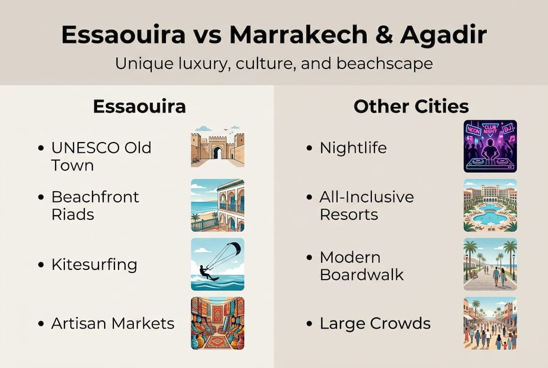 Infographic comparing Essaouira with Marrakech and Agadir