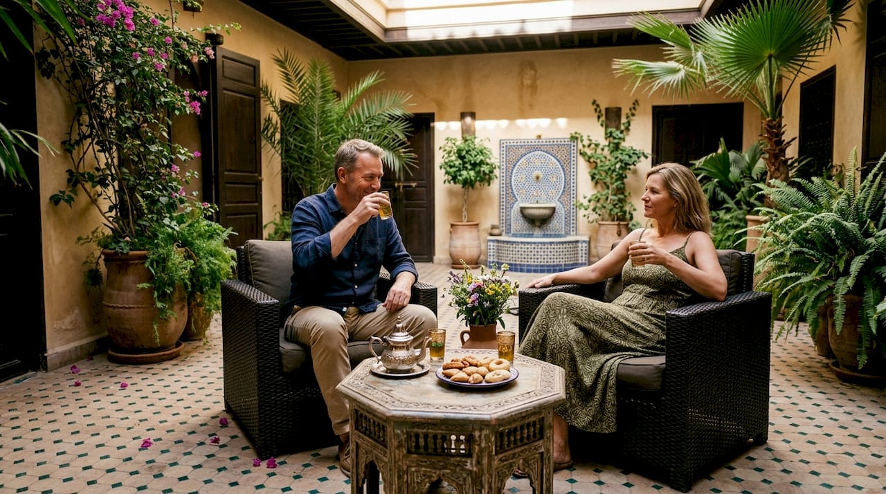 Guests relaxing in Villa Maroc courtyard