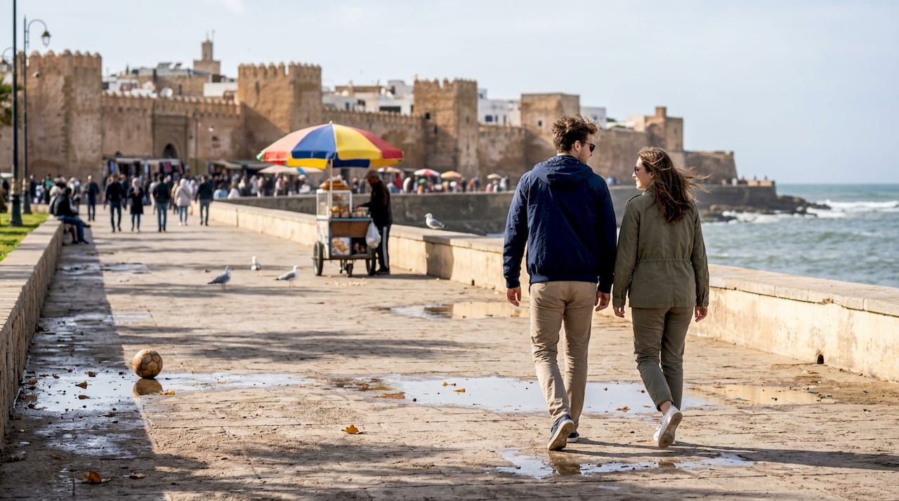 Couple walking Rabat coast near medina