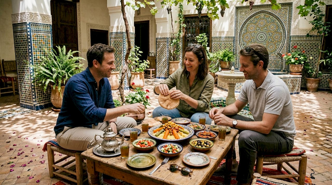 Guests enjoying Moroccan lunch in riad courtyard
