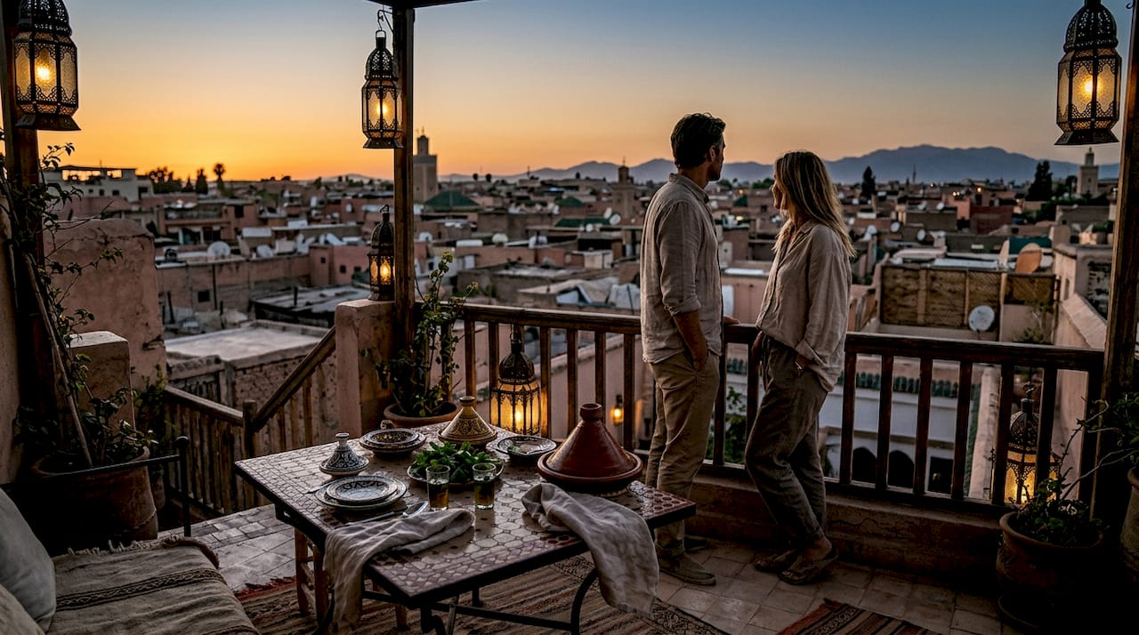 Couple enjoying rooftop dinner in Marrakech