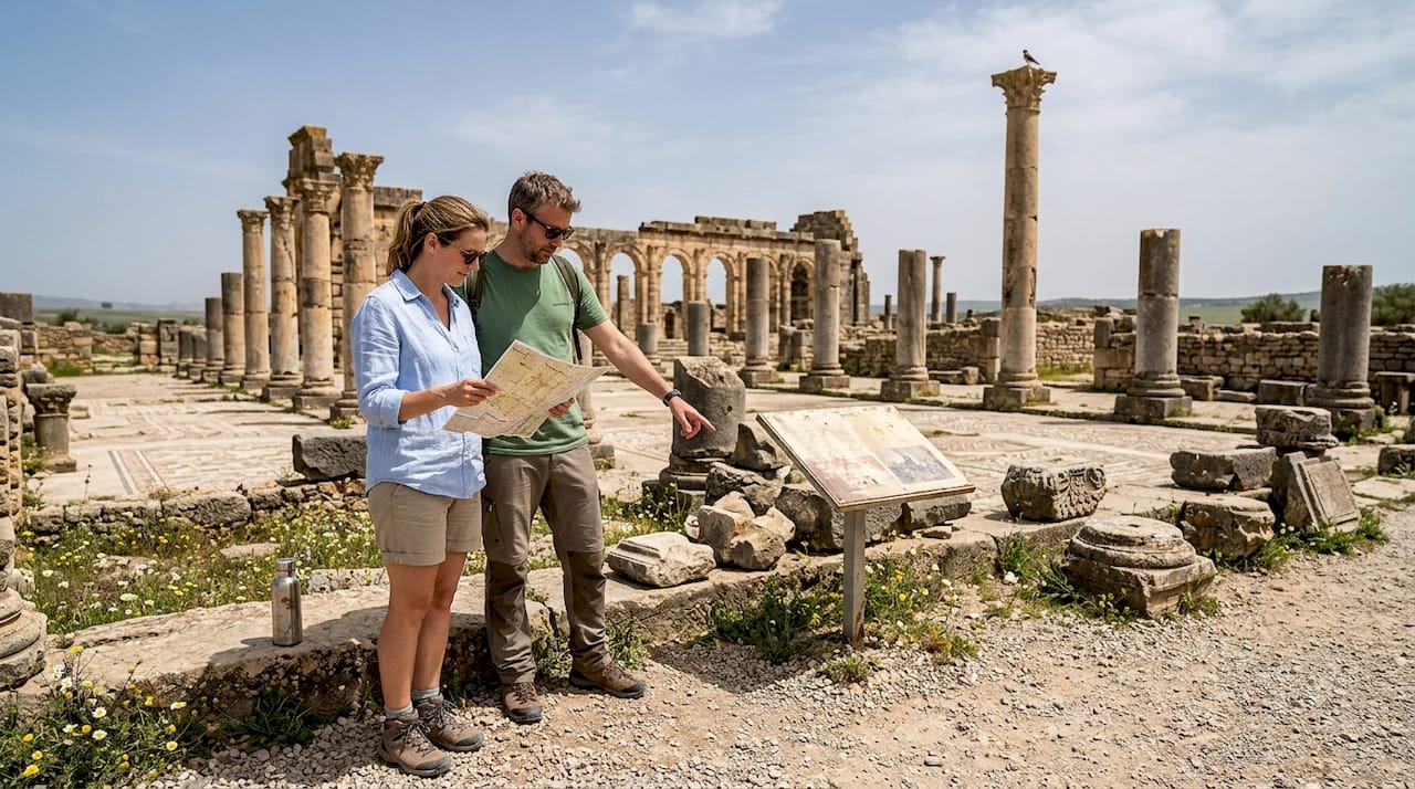 Tourists exploring Volubilis Roman ruins