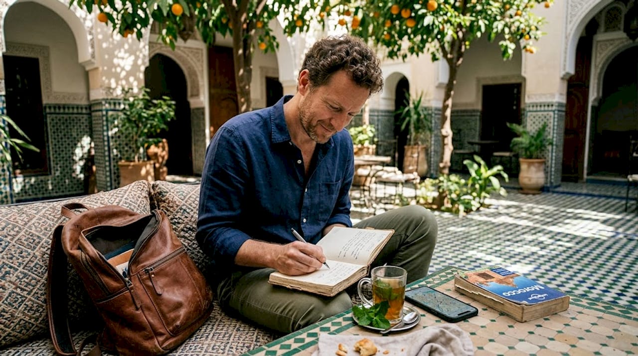 How to book a luxury Morocco tour: complete workflow 1 Man leisurely planning tour in Moroccan courtyard