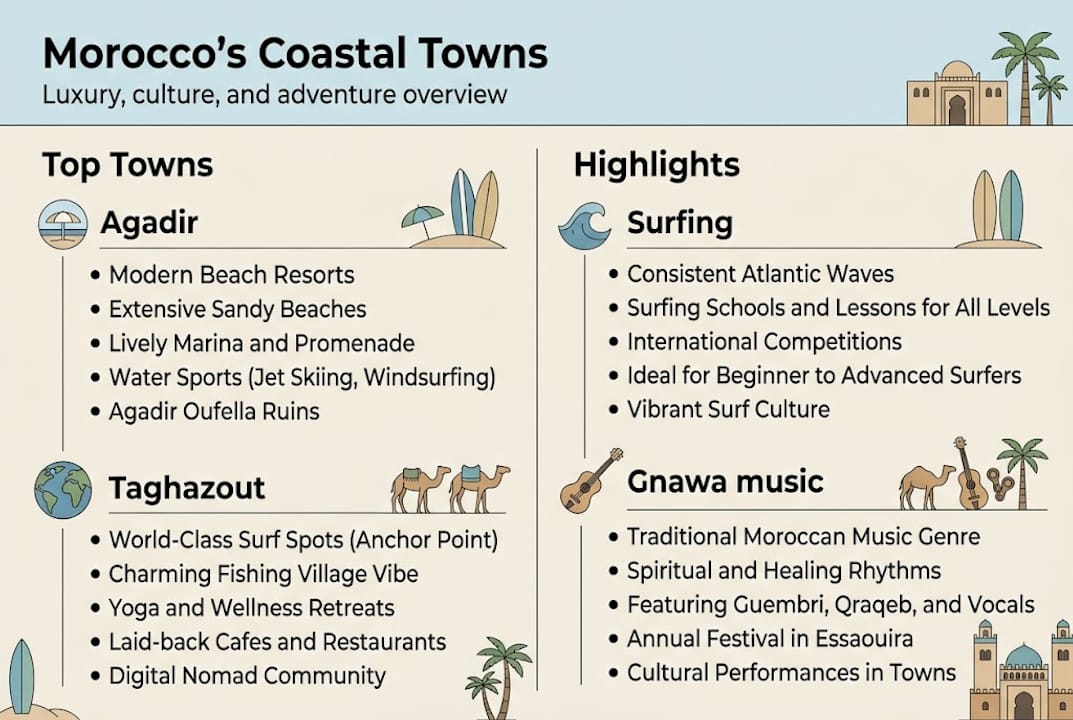 Discover Morocco's Coastal Towns: Luxury, Culture, and Adventure 2 Infographic showing Moroccan coastal towns and highlights