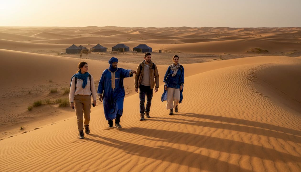 Find the Perfect Morocco Tours Packages for Your Dream Trip 2 Travelers trekking on Sahara dune at sunrise