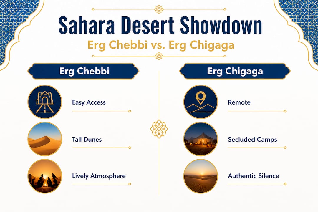 Morocco luxury travel: the ultimate guide for discerning travelers 2 Infographic comparing Erg Chebbi and Erg Chigaga features