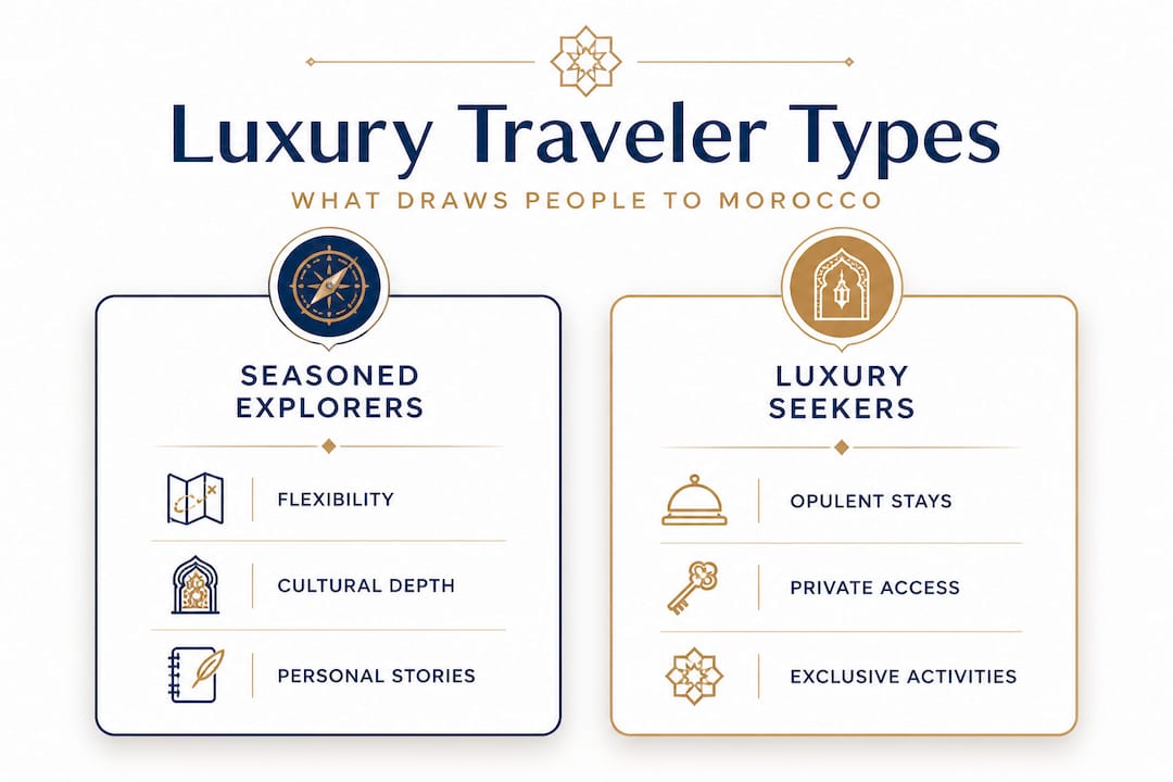 Morocco Trip: Exclusive cultures and insider access 1 Infographic comparing luxury traveler types in Morocco