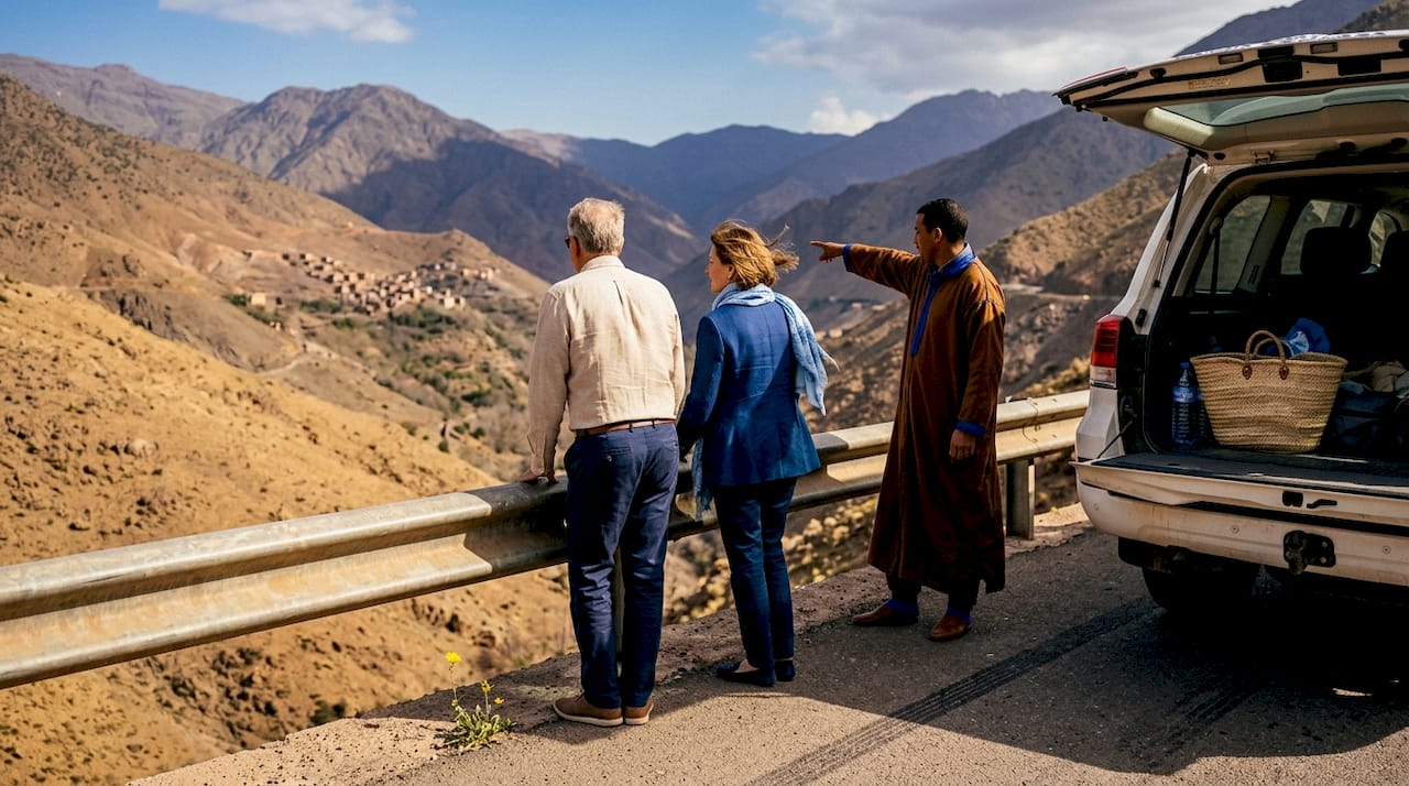 Morocco itinerary: Your Unique Luxury Experiences 1 Travelers and guide viewing High Atlas Mountains
