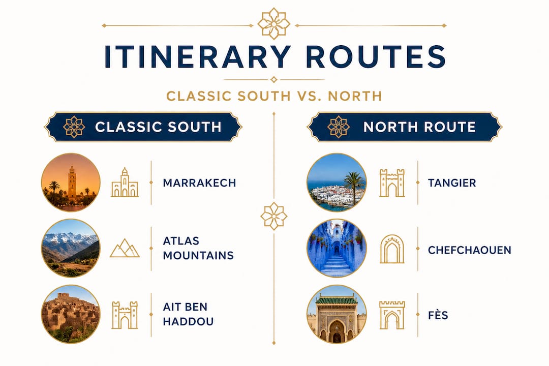 Morocco itinerary: Your Unique Luxury Experiences 2 Infographic comparing classic and northern Morocco routes