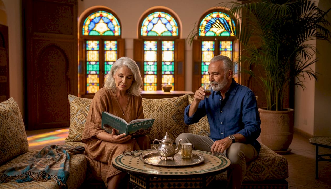 Morocco Tours for Seniors: Luxury, Culture, and Comfort 1 Seniors relaxing in a vibrant riad lounge