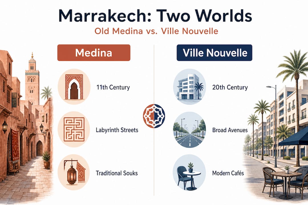 Infographic comparing Medina and Ville Nouvelle in Marrakech