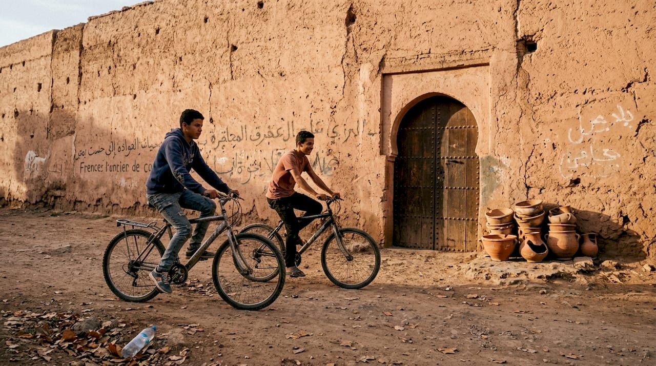 Teenagers biking beside Marrakech city walls