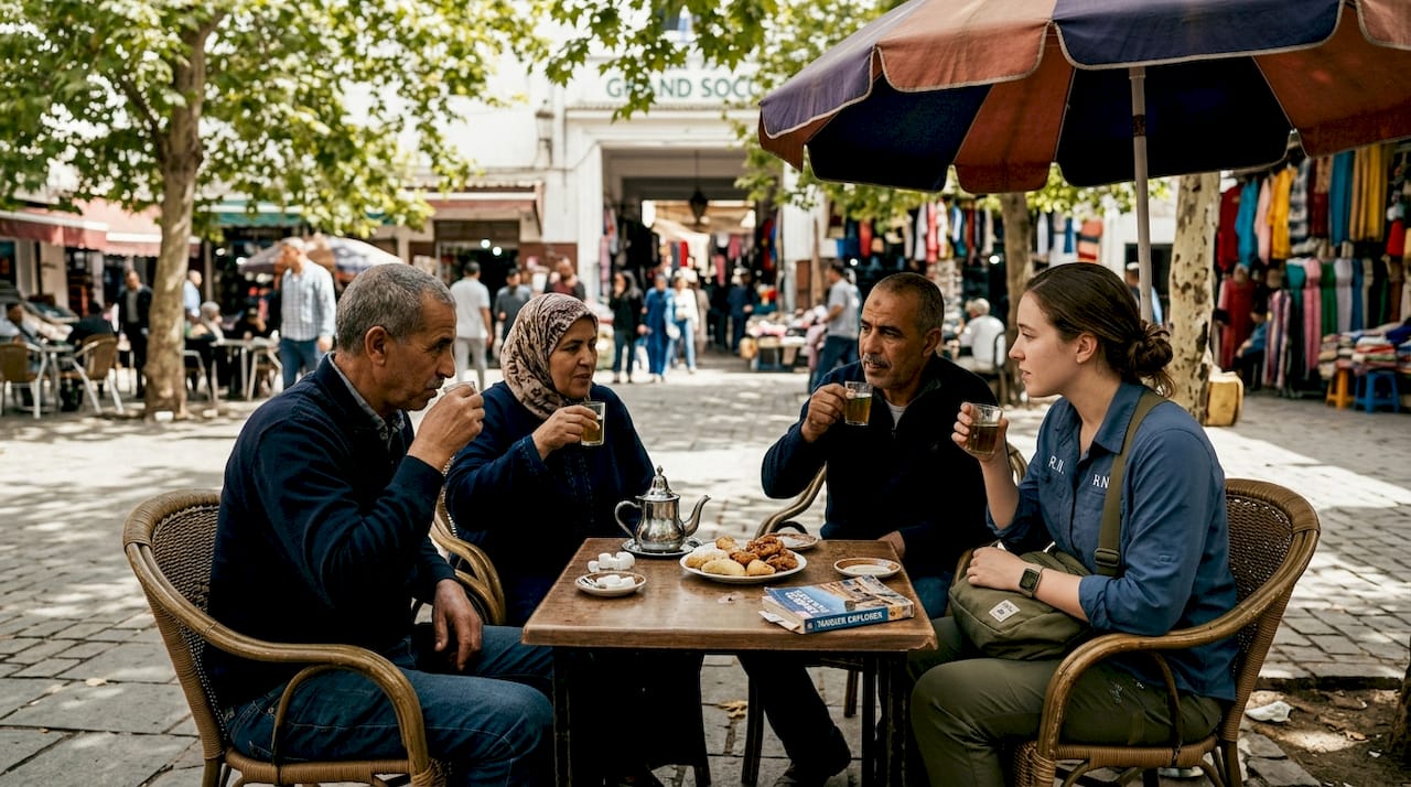Locals and traveler at Tangier outdoor café