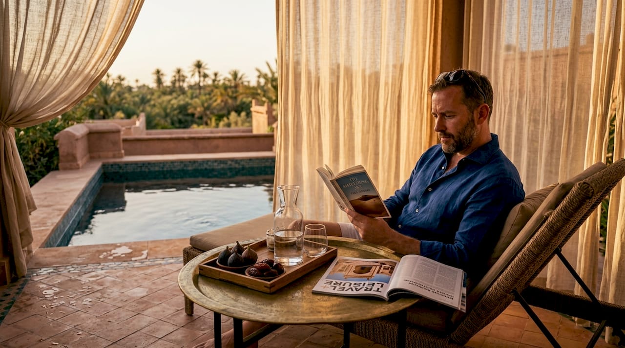 Unlock the essence of Marrakech: A luxury traveler's guide 2 Guest reading at resort patio near oasis