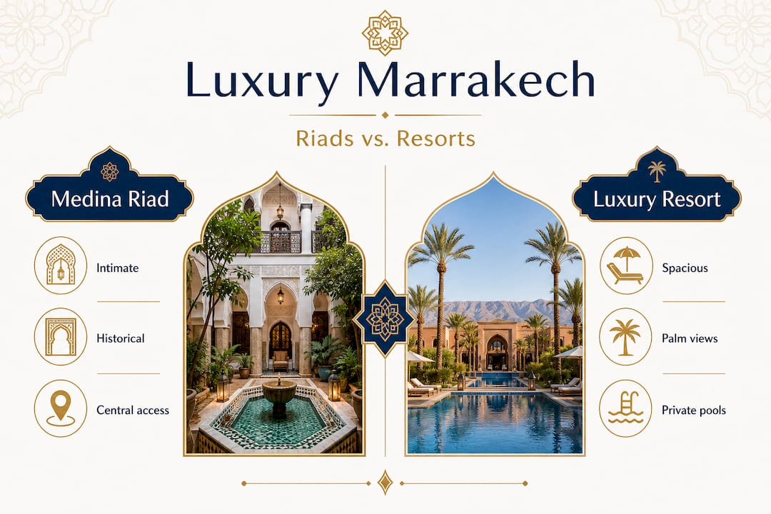 Unlock the essence of Marrakech: A luxury traveler's guide 1 Infographic comparing riads and resorts in Marrakech