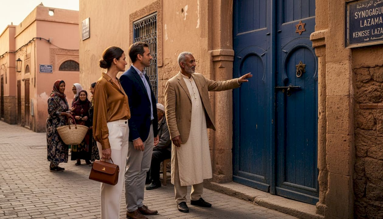Morocco Jewish Tours: Discover Heritage and Luxury 1 Guide leading travelers to Lazama Synagogue entrance
