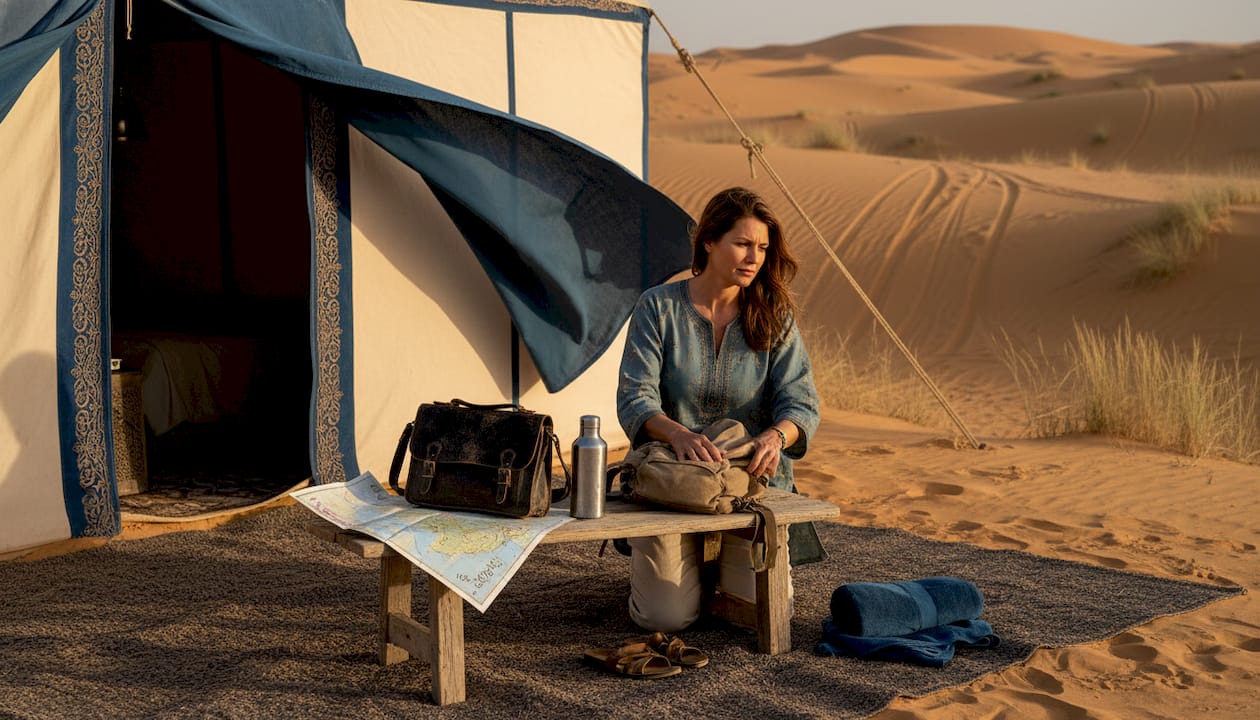 Morocco desert tours: Luxury, culture, and insider tips 1 Traveler unpacking at remote desert luxury camp