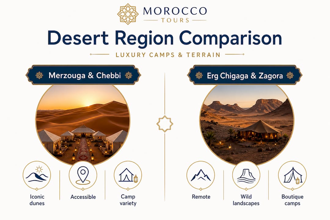 Morocco desert tours: Luxury, culture, and insider tips 2 Infographic comparing Moroccan desert regions for luxury tours