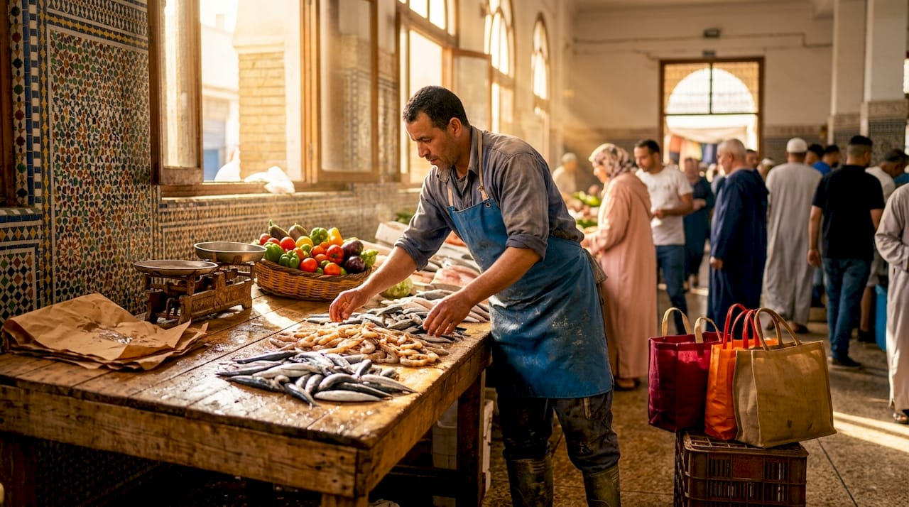 Fishmonger arranging seafood at Casablanca market