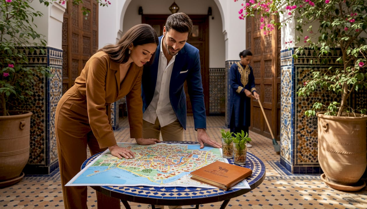Unlock Luxury and Culture with Morocco Golf Tours 1 Travelers planning day in Moroccan café