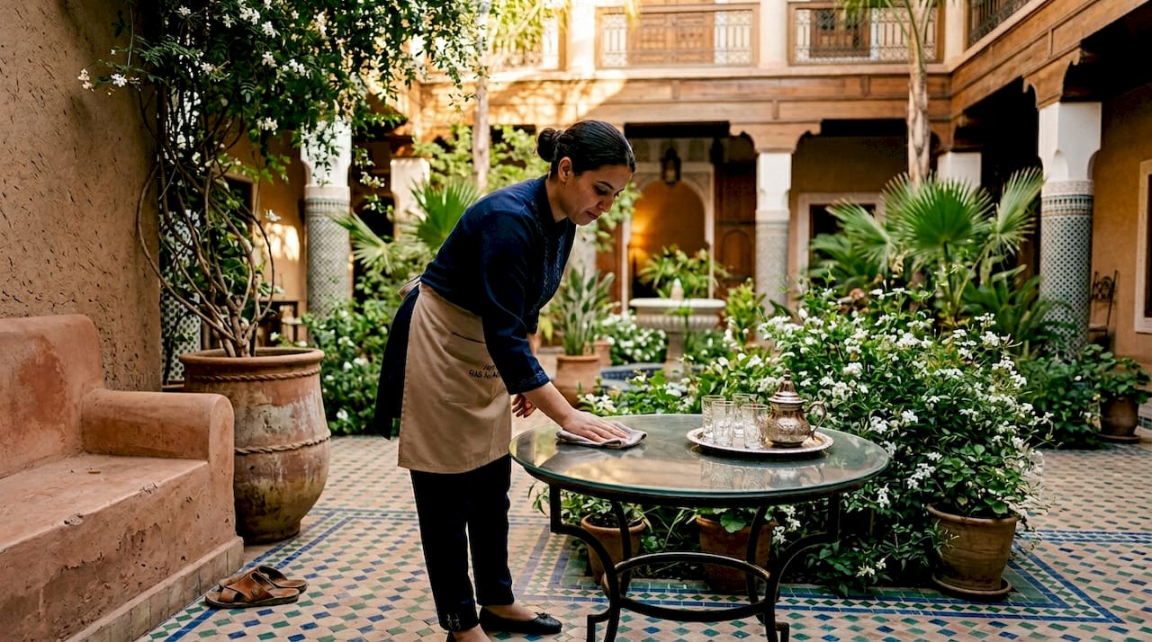 Staff tidying table in Moroccan riad courtyard