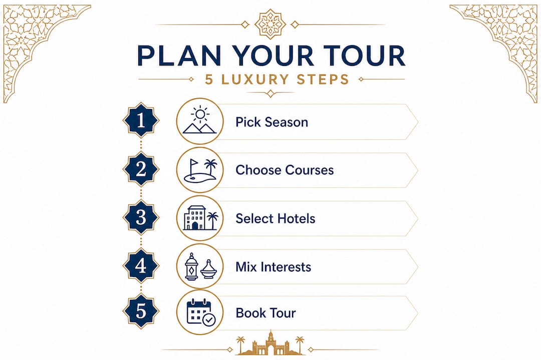 Unlock Luxury and Culture with Morocco Golf Tours 2 Infographic of 5 steps to plan Morocco golf tour