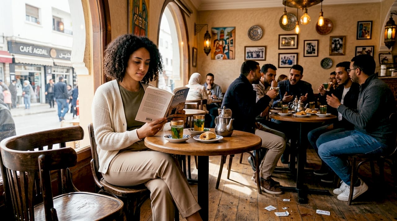Woman reading in Rabat Agdal neighborhood café